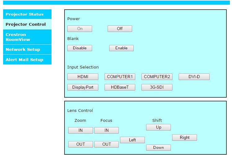 Projector control Choose this function to control the projector via the web.