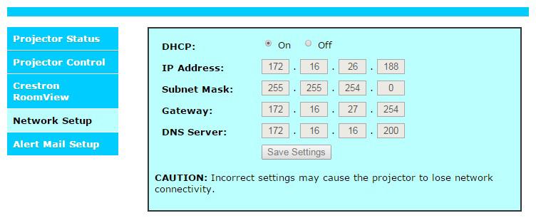 Info: Display current projector status and Crestron settings. Network setup Control your projector with following setup.