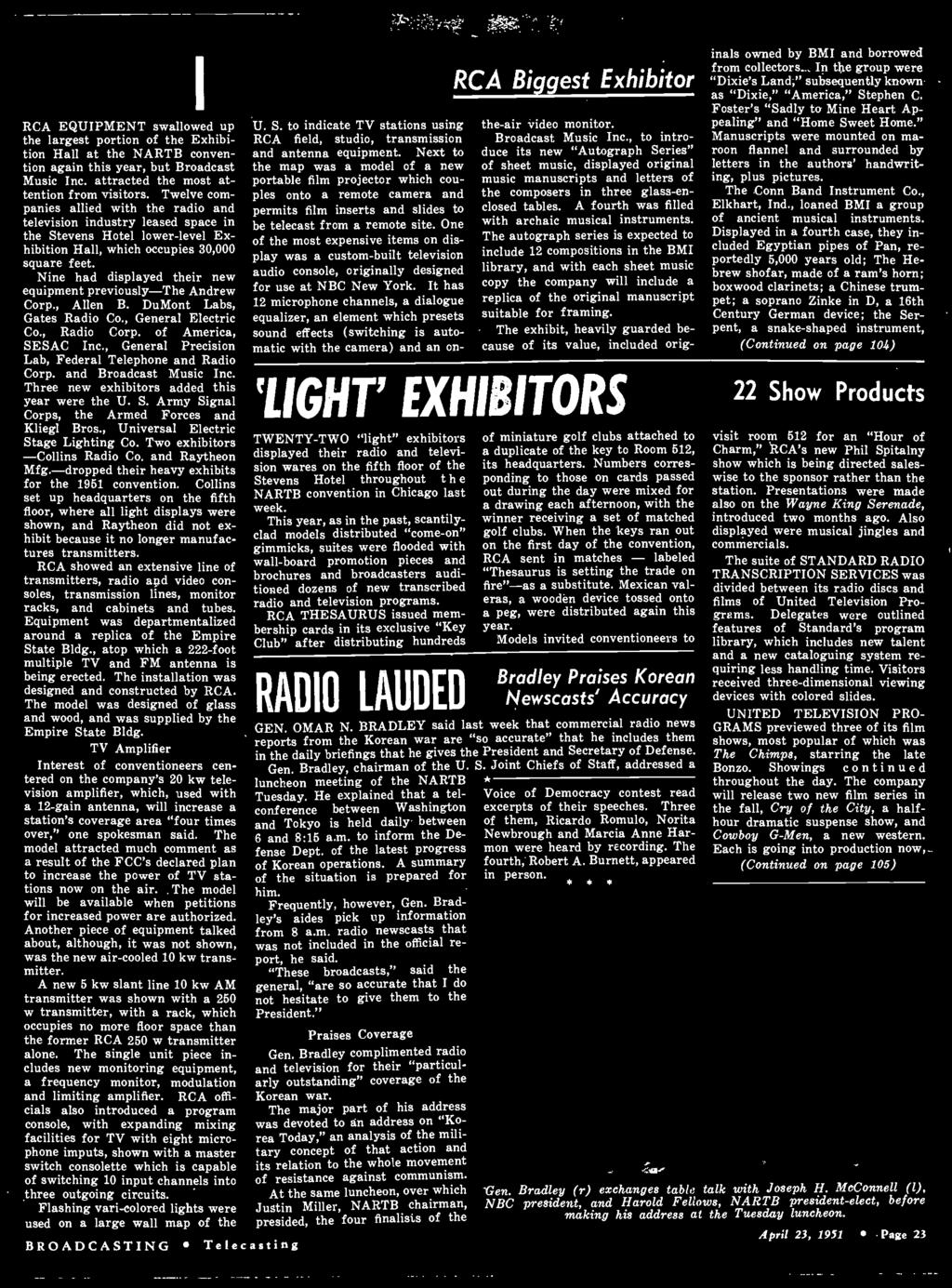 , Universal Electric Stage Lighting Co. Two exhibitors -Collins Radio Co. and Raytheon Mfg. -dropped their heavy exhibits for the 1951 convention.
