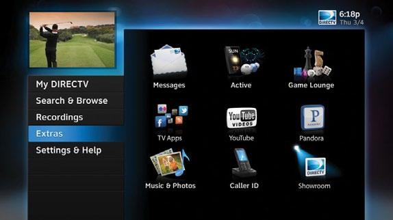 MENU EXTRAS DIRECTV HD DVR RECEIVER USER GUIDE Use the Extras option to access Messages, the DIRECTV Active channel, GSN Game Lounge, TV Apps, Music & Photos, and Showroom.
