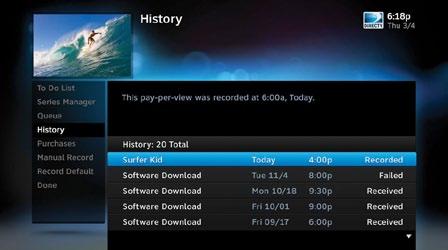 MANAGE RECORDINGS HISTORY DIRECTV HD DVR RECEIVER USER GUIDE 48 Provides status information for every recording scheduled, whether they were completed, canceled or deleted.