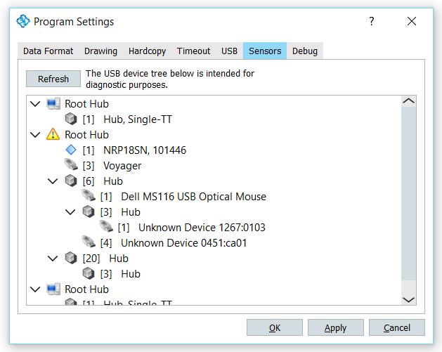 8.6 Configuring the Application USB Device Tree The Sensors tab is shown below and is used for analyzing the USB device tree on Microsoft Windows-based operating systems.