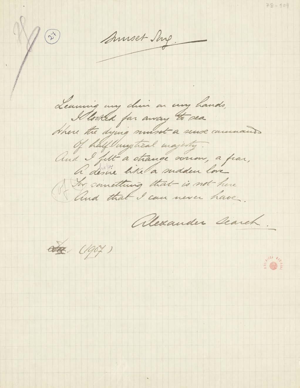 with a blue pencil used to cross out the verses; B, the later version, was written on grid paper in black ink, with emendations in graphite and purple pencils, bearing the signature Alexander Search