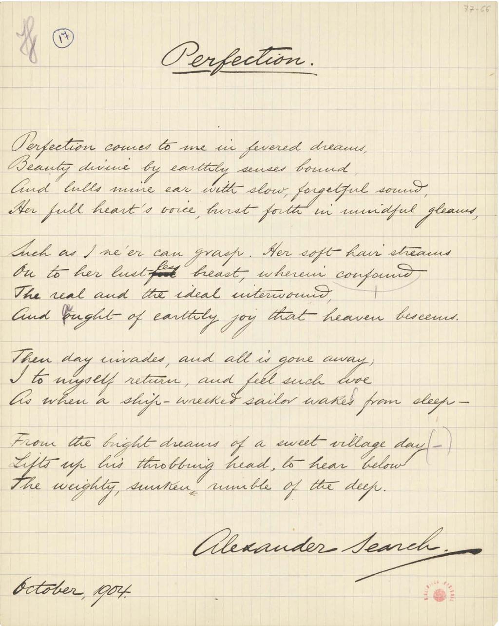 3.16. [77-66 r ]. Dated October, 1904. Written on grid paper in black ink, with emendations in purple pencil, and bearing the signature Alexander Search.