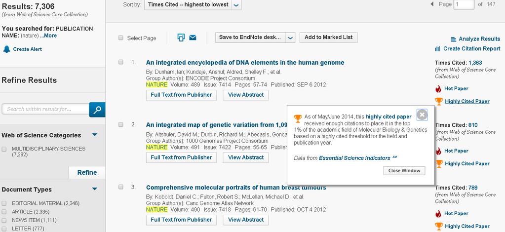 Integration of ESI Top Paper indicators in Web of Science