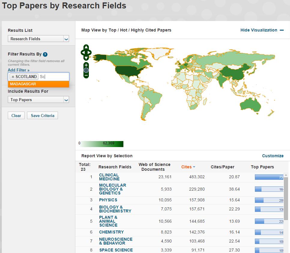 View Rankings for individual countries-scotland Results List Select Research Field Add Filter- Select Countries Enter Scotland Include Top Papers (both Highly Cited and Hot Papers), or just Highly