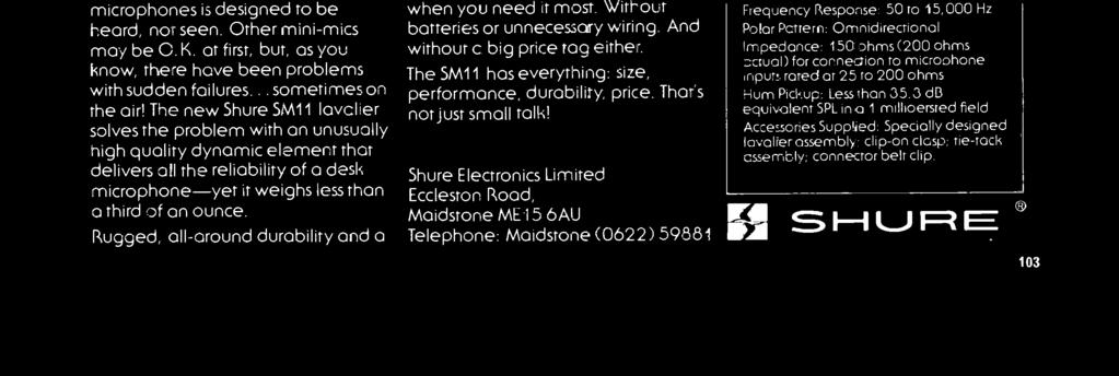 Shure Electronics Limited Eccleston Road, Maidstone ME 15 6AU Telephone: Maidstone (0622) 59881