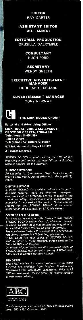 EDITOR RAY CARTER ASSISTANT EDITOR MEL LAMBERT studio sound AND BROADCAST ENGINEERING EDITORIAL PRODUCTION DRUSILLA DALRYMPLE CONSULTANT HUGH FORD SECRETARY WENDY SMEETH EXECUTIVE ADVERTISEMENT