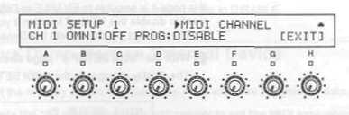 1 Setting MIDI Functions Page 1 of the MIDI Menu The "MIDI SETUP 1" page is for the selection of MIDI channels.