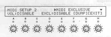 Page 2 of the MIDI Menu ENABLE and DISABLE setting for MIDI Volume control The "MIDI SETUP 2" page is for MIDI volume setting and the transmission of MIDI exclusive data.
