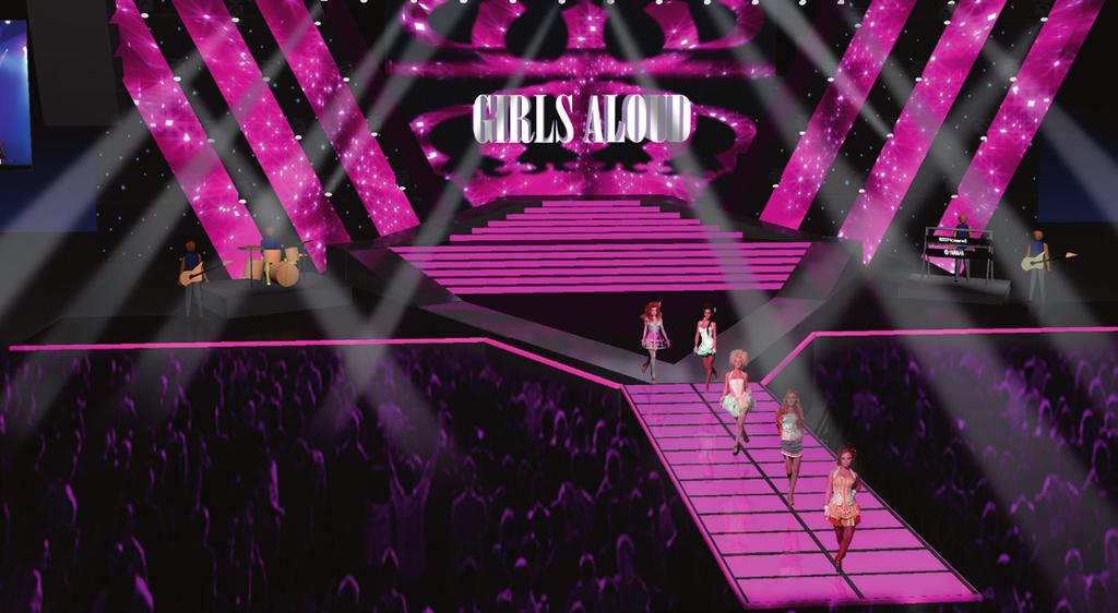 ON THE ROAD: Girls Aloud Opposite: The band made a grand entrance standing on a 3D logo that flew over the audience.