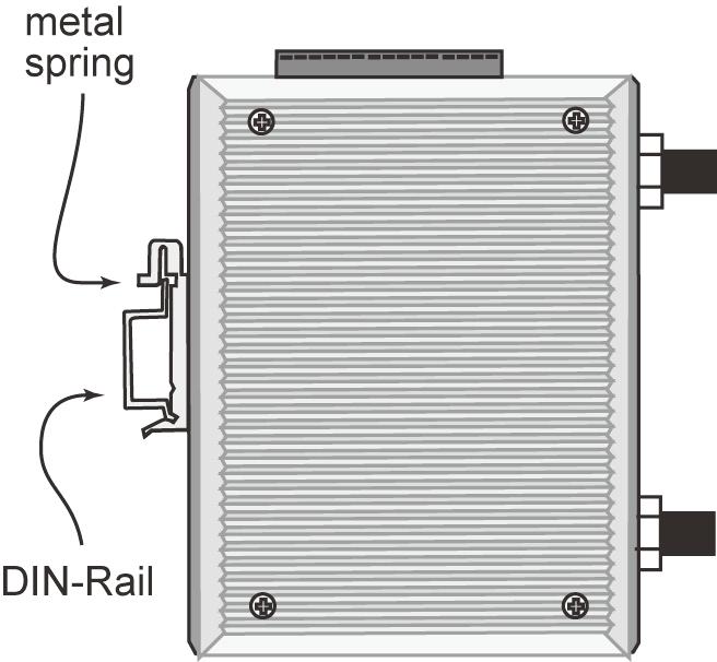 If you need to reattach the DIN-rail attachment plate to the AWK-3131A, make sure the stiff metal spring is situated towards the top, as shown