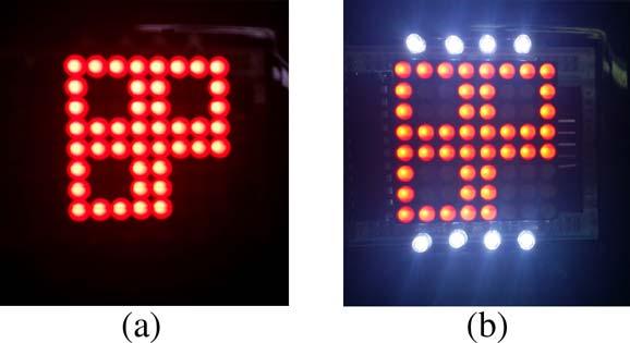 Fig. 4. Illumination LEDs. (a) Blooming effect. (b) Improved focus. In order to verify the proposed CVLC, we conducted experiments using the dot matrix LED array and mobile phones.