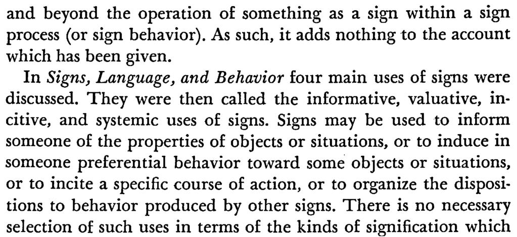 Signs may be used to inform someone of the properties of objects or situations, or to induce in someone preferential behavior toward some objects or situations, or to incite a specific course of