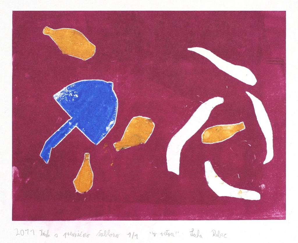 Slika 12: Deček, V vetru, 2011, tisk s premično šablono Tudi tu gre tudi za dinamično rešen motiv. Motiv ponazarja deţnik in listje, ki ga nosi veter.