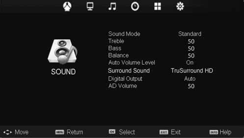 Sound Menu Sound Mode Standard - Default settings Music - Emphasises music over voices Movie - Provides live and full sound for movies Personal - Selects your personal sound settings Sports -