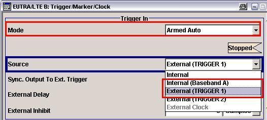 Set the trigger mode for basebands to 4 to Armed Auto (Fig. 8). Define the trigger source in the Source field: When synchronizing within one SMU, select Internal (Baseband A) (Fig. 8). When synchronizing across instruments, select Source External (Trigger ) (Fig.