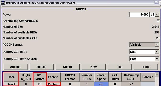 The data to be transmitted in the selected DCI format, and thus also the PDSCH settings, can be further configured by clicking Config Content.
