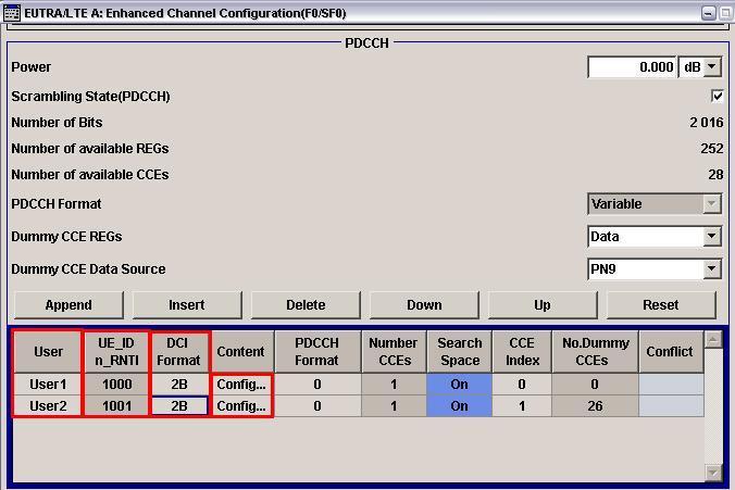 UE Receiver Test: Provision of Downlink Signals Two users are also created in the PDCCH settings. Again, dual-layer mode with DCI format B is selected. Fig.