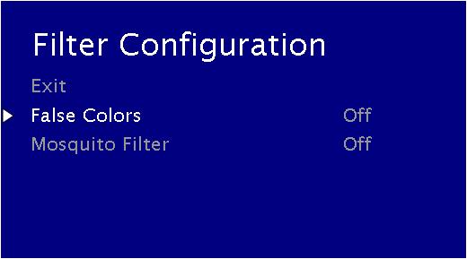 FILTER CONFIGURATION SUBMENU Load Setup Select this menu item to reset all adjustments and menu settings to the factory default configuration or to one of the user configured presets.