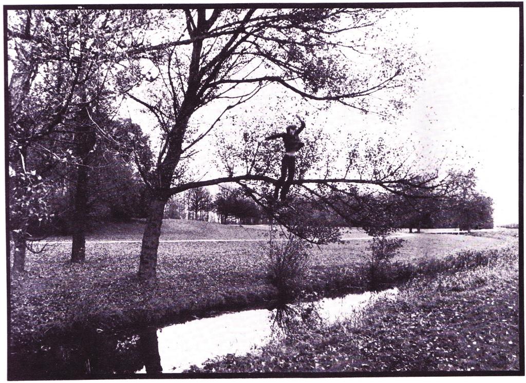 Figure 1. Broken Fall (Organic) 1971 Amsterdamse bos. Black-and-white photograph the ditch. The branch is still sweeping up and down and the artist is lying still in the ditch.