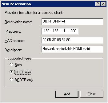 Note: If your system supports a Name and Description field in the DHCP reservation, Intelix recommends that you fill these fields with a descriptive name that will allow the network administer to