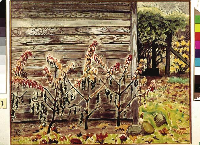 230 240 Autumn Embers (Frosted Scarlet Sage) (1944), Charles Burchfield. Watercolor on paper, 22 1/2 x 28. Courtesy DC Moore Gallery, New York.