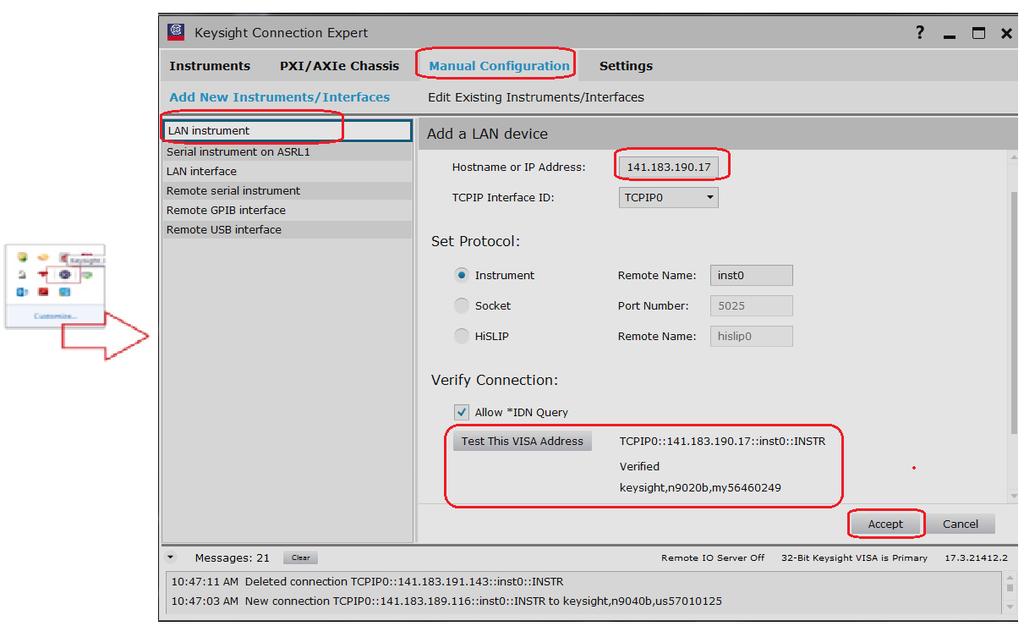 6 Launch the Keysight Connection Expert and click on the Manual Configuration tab.