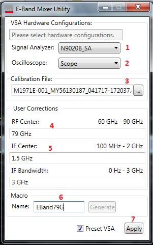 b Select the following configuration in the E-Band Mixer utility as shown below: - (1) Signal Analyzer: Select Signal Analyzer - (2) Oscilloscope: Select Scope - (3) Calibration File: The file is