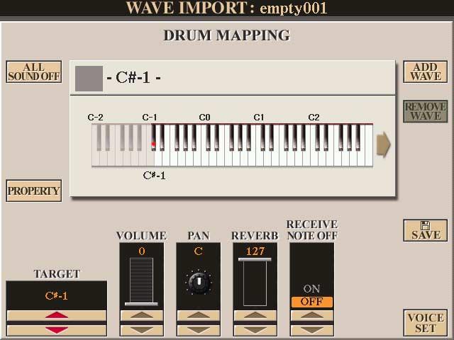4 Press the [G] (WAVE IMPORT) button to call up the DRUM MAPPING display. 6 5 5 Specify the key to be edited or which Wave file is to be imported.