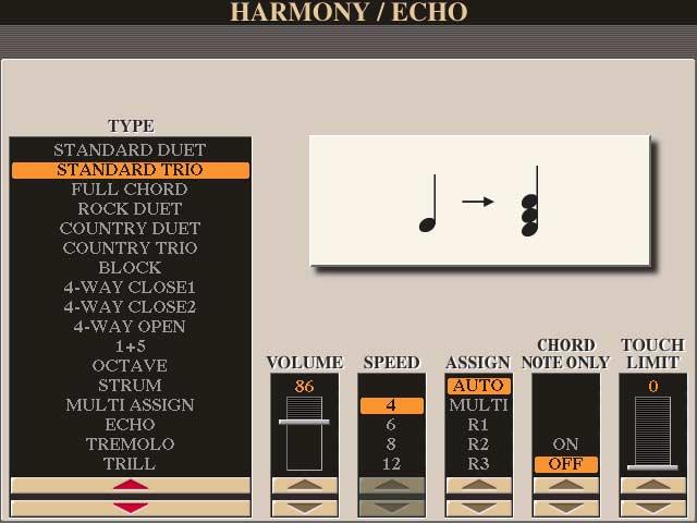 Echo Types When one of the Echo Types is selected, the corresponding effect (echo, tremolo, trill) is applied to the note played in the right-hand section of the keyboard in time with the currently