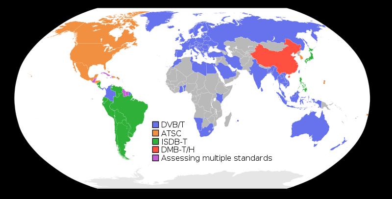 Countries utilizing various DTT systems worldwide are indicated in the following illustration.