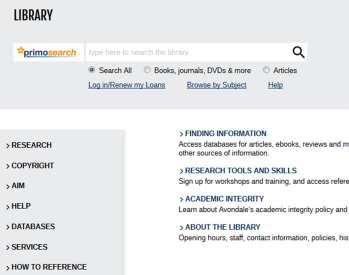 On the library homepage select either Primo Search or, for a more detailed search, select individual Databases to find information.