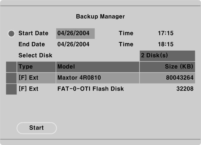 4.3.2. Backup manager Start Date & Time / End Date & Time To designate backup range. Select Disk To select which storage will be used as backup device.