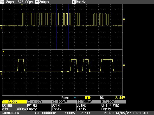 WaveJet Touch Oscilloscopes Zoom The Zoom function creates a separate, enlarged display of a specified part of a waveform while retaining the display of the original acquired waveform. Zoom Set Up 1.