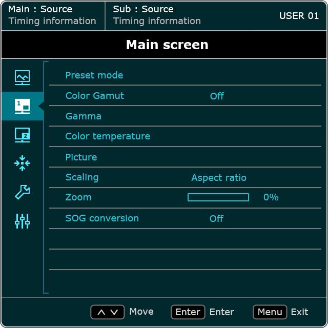Main screen / Sub screen menu Available menu options may vary depending on the input sources, functions, settings, and the product specifications.