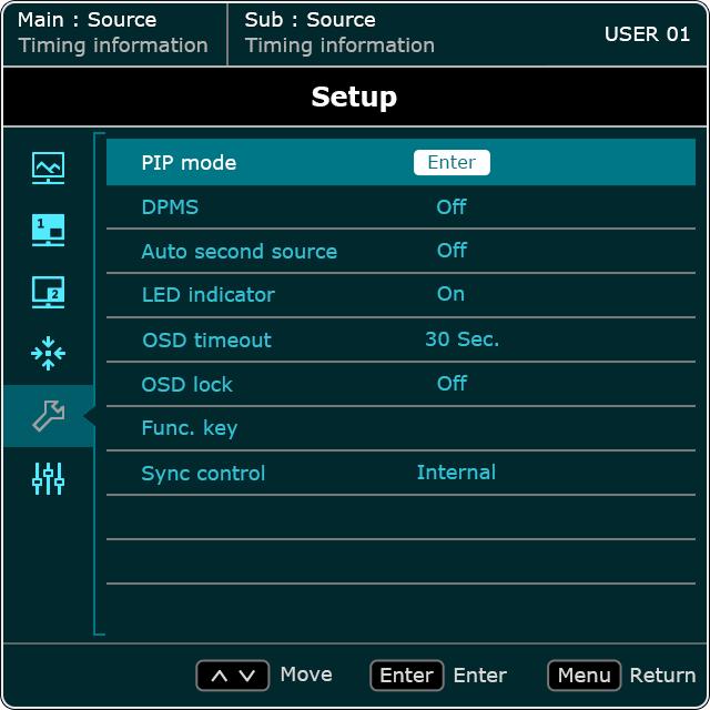Setup menu Available menu options may vary depending on the input sources, functions, settings, and the product specifications. Menu options that are not available temporarily will become grayed out.