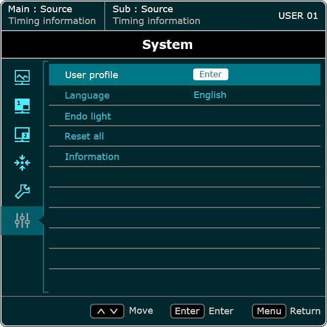 System menu Available menu options may vary depending on the input sources, functions, settings, and the product specifications. Menu options that are not available temporarily will become grayed out.