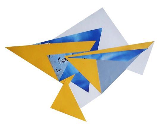 Slika 120 a: Anja Habič, Dali v modrem in rumenem, 2012 Slika 120 b: Trikotna struktura formata slike 120 a Z novimi odnosi lahko vsaki obliki spremenimo vsebino in lastnosti, z barvo pa jih še