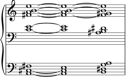 analysis o the cymbal scrae shos the change o requency over the eriod o several seconds. All melodic and harmonic materials are generated rom these sectra.
