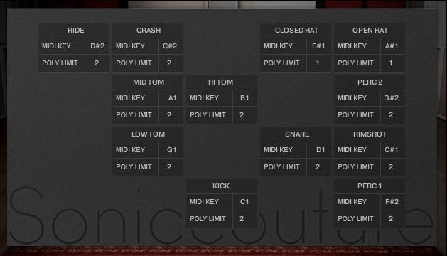 OPTIONS Open the options panel by clicking the button left edge of the control bar. Here you can adjust certain settings for each drum. MIDI KEY: edit which key the drum appears on.