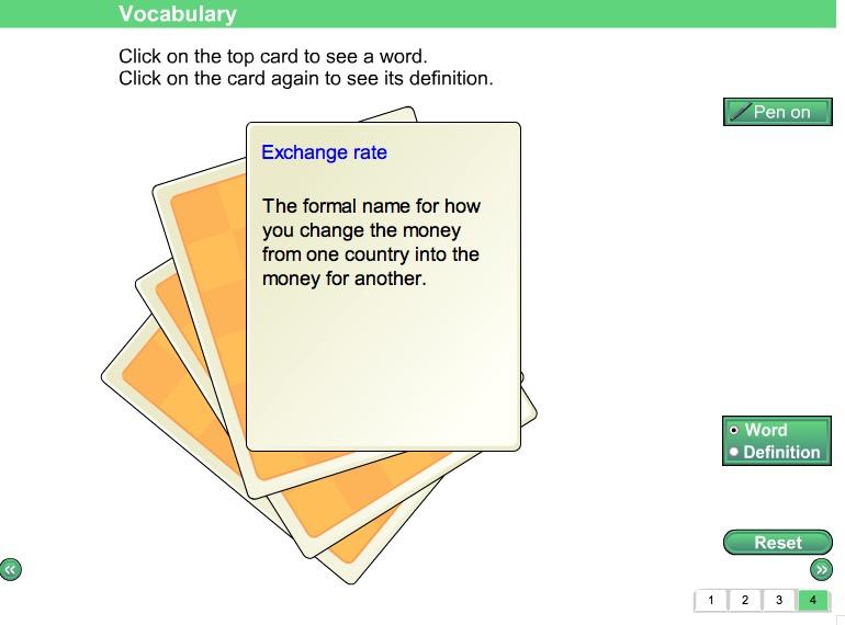 Screen 4: Vocabulary Vocabulary present: Amount, Change, Convert, Currency, Decrease, Discount, Exchange rate, Increase, Proportion, Ratio, Sale price, Total, Value.