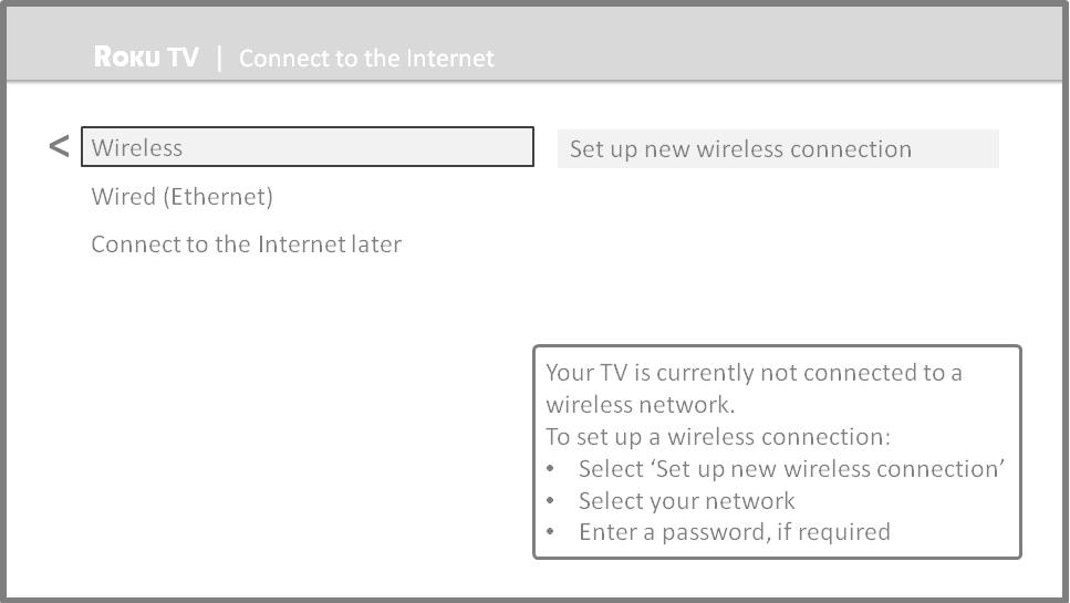 Network connection After you select Set up for home use, the TV prompts you to make a network connection. If your TV has both wired and wireless connections, you ll see the following screen. 6.