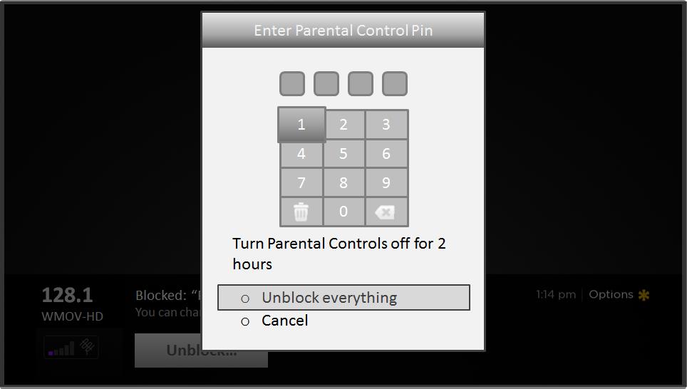 2. Use the arrow buttons to enter your parental control PIN code, and then press OK to select Unblock everything.