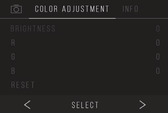 4. The Color Adjustment screen will appear. Press the right function key ( Info ) to review your film type, adapter and insert. Press the center function key ( Select ) to adjust color and brightness.