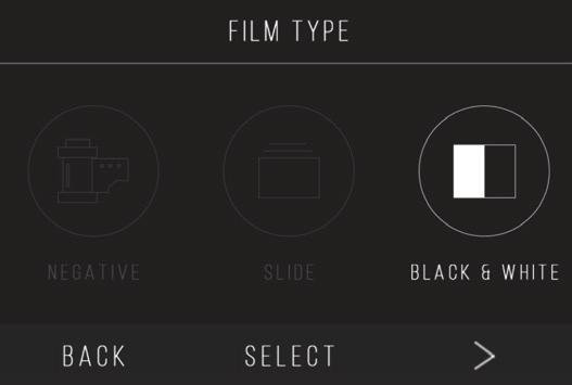 1. Choose one of the 3 film types by pressing the center function key ( Select ).