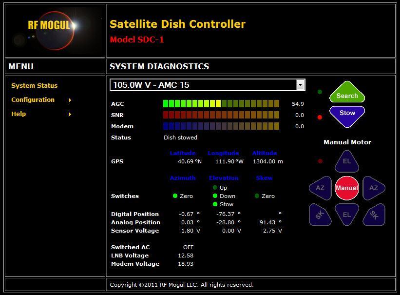 ADVANCED System Diagnostics Page RF Settings Page Used as a Diagnostic and Service tool the System Diagnostics Page shows the real time conditions of the Dish/Mount Sensors, Counters and Limit