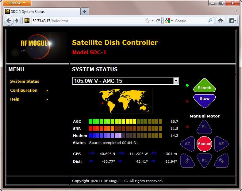 HTML Main Status Page System Status (default) Page After completing the quick steps above the SDC1 Controller is ready to Find Satellite.