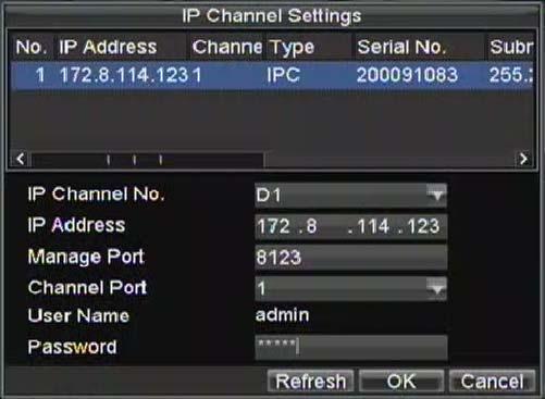 3.2 IP Channel Settings If the network speed dome and DVR are in the same segment, select the device from the list to be added and then input the user name and password in the lower dialog