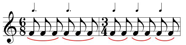 Since the simple triple pattern already belongs to 3/4 time, 6/8 is compound duple. Notice that each beat in 6/8 is a dotted quarter note.